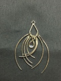 Six Intersecting Crescent Shape Design w/ Pear Faceted CZ Center 2in Long Sterling Silver Drop