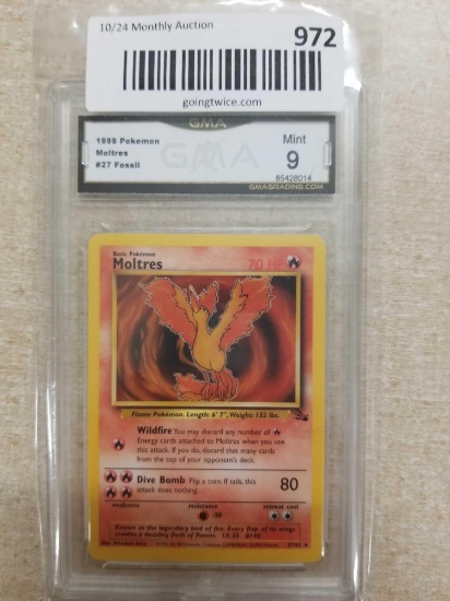 GMA Graded 1999 Pokemon Fossil MOLTRES Rare Trading Card - MINT 9
