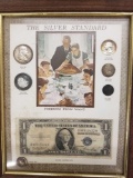 Vintage Framed The Silver Standard with Silver Half, Quarter, Granules, Dime & Silver Certificate