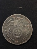 German Nazi Paul Von Hindenburg 5 Deutches Reich 1938 Coin 1847-1934