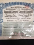 Government de la Republique Chinoise Emprunt 5% or de 1913 10,000,000 Sterling Obligation de 20 No.