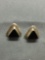 Triangular Shaped 14x14x14mm Onyx Inlaid Pair of Sterling Silver Button Earrings