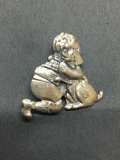 Signed Designer High Polished Child w/ Puppy Motif 30mm Tall x 32mm Wide Sterling Silver Brooch
