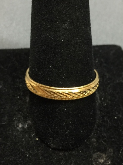 Milgrain Edged Laser-Carved Detailed 3.5mm Wide Gold-Tone Sterling Silver Band