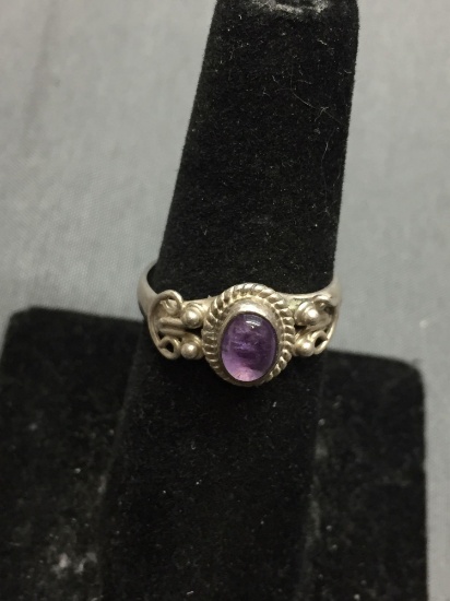 Rope Frame & Filigree Detailed Oval 6x4mm Amethyst Cabochon Center Sterling Silver Ring Band