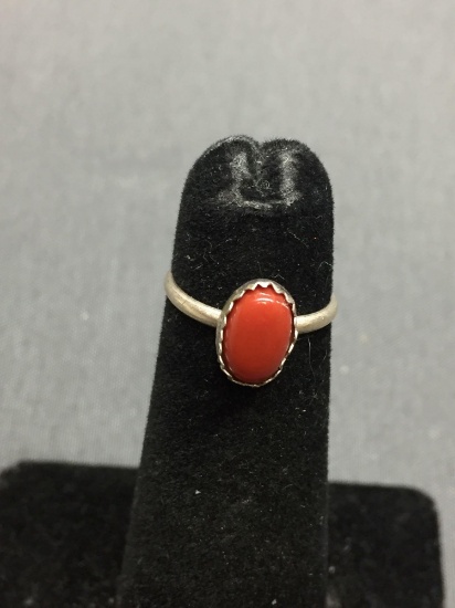 Oval 8x5mm Coral Cabochon Center Sterling Silver Ring Band