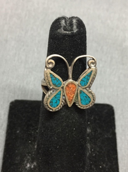Turquoise & Coral Inlaid 20x18mm Butterfly Design Top Sterling Silver Ring Band