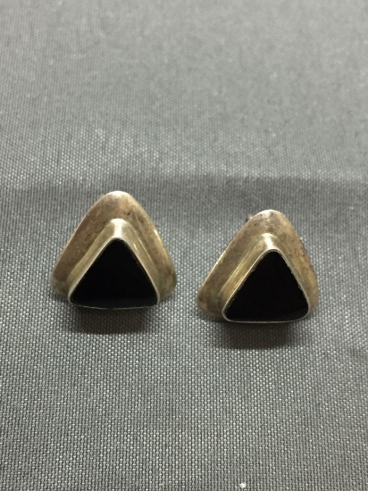 Triangular Shaped 14x14x14mm Onyx Inlaid Pair of Sterling Silver Button Earrings
