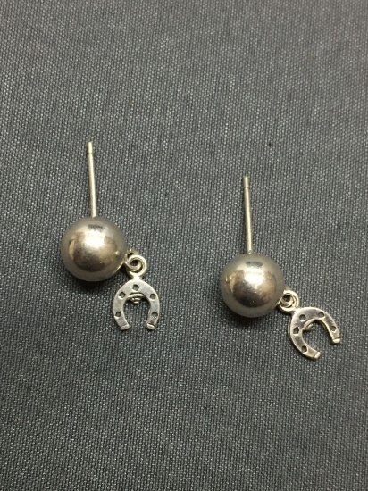High Polished Round 8mm Bead Ball Pair of Sterling Silver Earrings w/ Horseshoe Dangle Charm