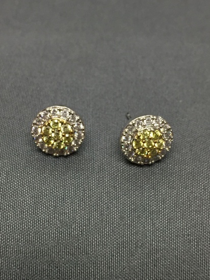 Round Faceted Yellow & White CZ Cluster Setting 10mm Diameter Round Pair of Sterling Silver Stud