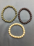 Lot of Three Faux Pearl Beaded 7in Long Stretchable Bracelets, One Chocolate, One Cr?me & One