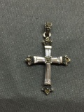 Milgrain Marcasite Detailed Vintage 28x22mm Sterling Silver Cross Pendant w/ Four Tapered Baguette