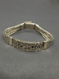 East Indian Design Quadruple Row Wheat Link 13mm Wide Floral Filigree Decorated 8in Long Heavy