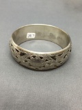 Floral Filigree Decorated Half Round 25mm Wide 3.25in Diameter Solid Sterling Silver Bangle Bracelet