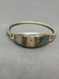 Abalone Inlaid Old Pawn Mexico 19mm Wide Tapered Sterling Silver Hinged Bangle Bracelet