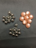 Lot of Two, One Pair of Silver-Tone Alloy High Polished Bead Ball Accented Chandelier Earrings & One