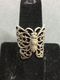 High Polished Filigree Decorated 22mm Long Sterling Silver Butterfly Ring Band