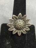 Milgrain Marcasite Detailed Round 23mm Diameter Sunflower Motif Sterling Silver Ring Band