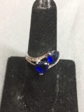 Twin Heart Faceted 6.5mm Blue Created Sapphire Centers w/ Round CZ Accents Bypass Sterling Silver