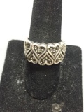 Milgrain Marcasite Detailed Alternating Inverted Heart Centers 12mm Wide Tapered Sterling Silver