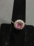 Round Faceted 8mm Pink Topaz Center w/ Round White CZ Halo Sterling Silver Ring Band