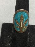 Old Pawn Mexico Design 26mm Long Cactus Motif Turquoise Inlaid Sterling Silver Signed Designer Ring