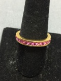 Channel Set Round Faceted Pink Sapphire Decorated 4mm Wide Gold-Tone High Polished Sterling Silver