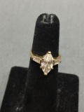 Marquise Faceted 11x6mm CZ Center w/ Twin Tapered Baguette CZ Sides Gold-Tone Signed Designer