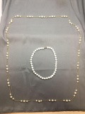 Lot of Two White Bead w/ Gold-Tone Accents Hand-Strung Fashion Necklaces, One 16in & One 52in Long