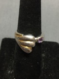 Scallop Wave Detailed 13mm Long Sterling Silver Bypass Ring Band w/ Round Faceted 3mm Amethyst