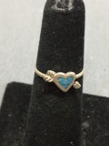 Turquoise Inlaid Heart & Arrow Detailed 7x6mm Top Sterling Silver Ring Band