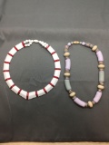 Lot of Two Multi-Colored Hand-Strung Beaded Fashion Necklaces, 18in Long & One Flat 16in Long