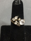 Round Faceted 5.5mm CZ Center w/ Four Round Cz Accents, Signed Designer Sterling Silver Gold-Tone