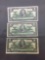 3 Count Lot of Vintage Canada $1 Bill Currency Notes