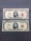 2 Count Lot of Vintage United States Lincoln $5 Red Seal Bill Currency Notes