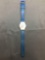 Vintage Women's Swatch Watch with Lines & Geometric Designs with Blue Band - NEW BATTERY - Runs Well
