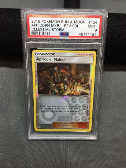 PSA Graded 2018 Pokemon Sun & Moon Celestial Storm APRICORN MAKER Reverse Holo Trading Card - MINT 9