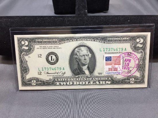 Very Rare 1976 United States Jefferson $2 Bill Note with April 13, 1776 Stamp - Uncirculated