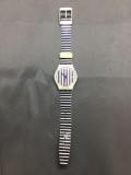 Vintage Swatch Watch Vertical Stripes Face & Horizontal Stripes Band - NEW BATTERY - Runs Well