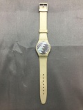 Vintage Swatch Watch Black & White Geometric Shape Face with Beige Band - NEW BATTERY - Runs Well