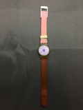 Vintage Women's Swatch Watch with Purple Face and Mult-Color Band - NEW BATTERY - Runs Well