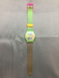 Vintage Swatch Watch Geometric Designs with Multi-Color Band - NEW BATTERY - Runs Well