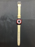 Vintage Women's Swatch Watch with Red Face Protector - NEW BATTERY - Runs Well