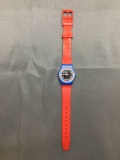 Vintage Women's Swatch Watch with Red & Blue Face - NEW BATTERY - Runs Well