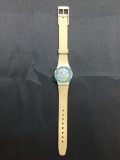 Vintage Women's Swatch Watch with White Face & Geometric Design Face - NEW BATTERY - Runs Well