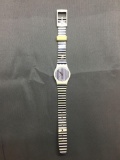 Vintage Women's Swatch Watch with Vertical Striped Face & Horizontal Band - NEW BATTERY - Runs Well