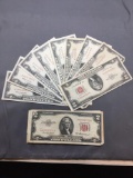 22 Count Lot of United States Jefferson $2 Red Seal Bill Currency Notes