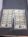 20 Count Lot of Mixed United States Jefferson $2 Red Seal Bill Currency Notes