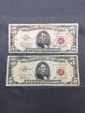 2 Count Lot of Vintage United States Lincoln $5 Red Seal Bill Currency Notes