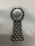 Vintage Swatch Watch with Black Face Stretchy Band with Polka Dots - NEW BATTERY - Runs Well